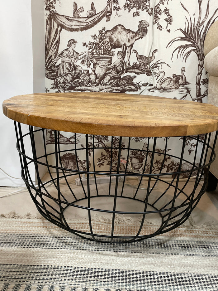 END TABLE WOOD PLANK TOP METAL BASKET BASE