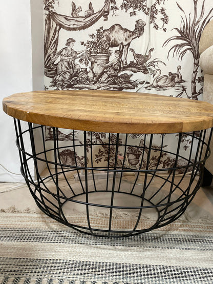 END TABLE WOOD PLANK TOP METAL BASKET BASE