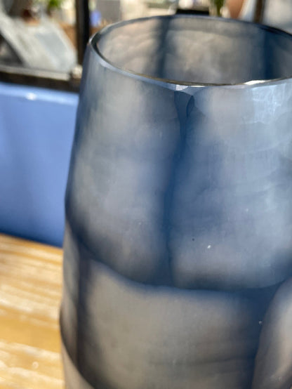 ETHAN ALLEN VASE BLUE BLOCK CUT GRID DESIGN