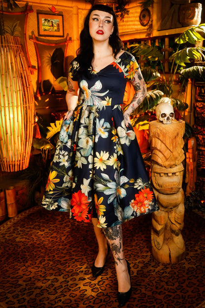 Lily Floral Bunch Off Shoulder Dress In Navy Blue