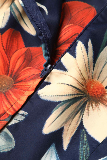 Lily Floral Bunch Off Shoulder Dress In Navy Blue
