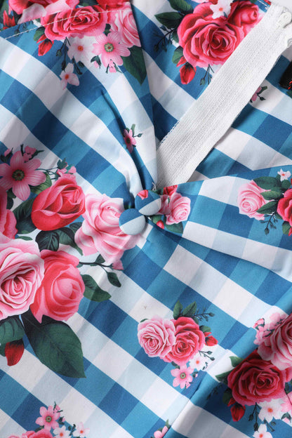 Lily Floral Off Shoulder Dress In Blue Gingham