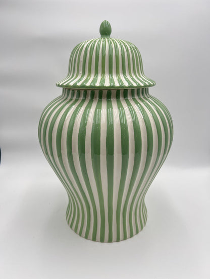 LIDDED JAR GREEN & WHITE STRIPES