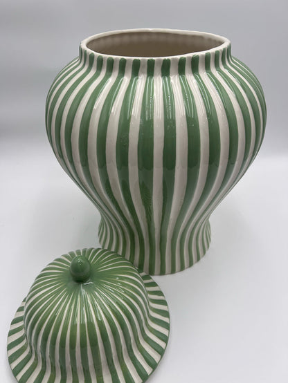LIDDED JAR GREEN & WHITE STRIPES