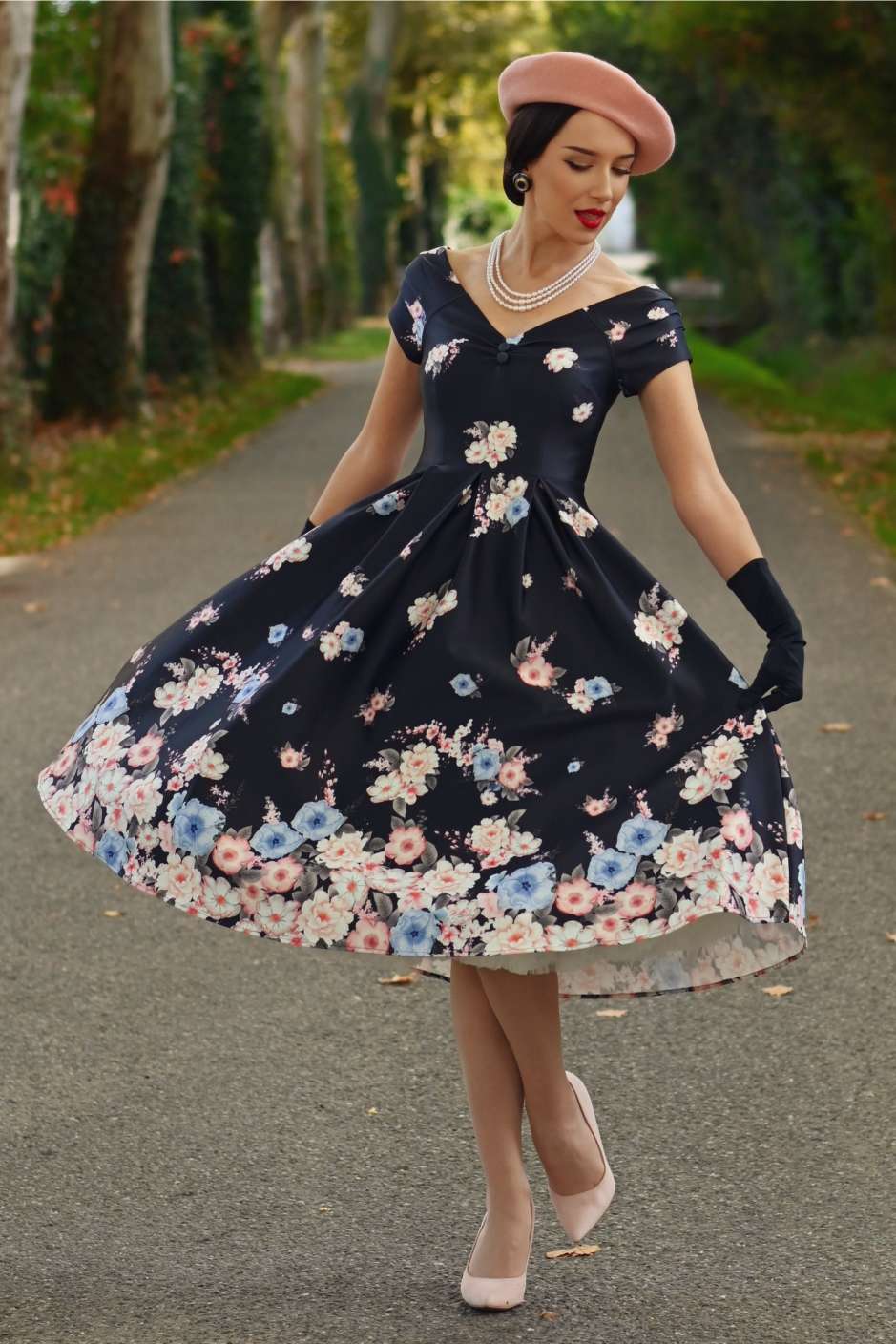 Lily Navy Blue Falling Rose Off Shoulder Dress