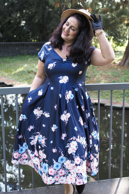 Lily Navy Blue Falling Rose Off Shoulder Dress