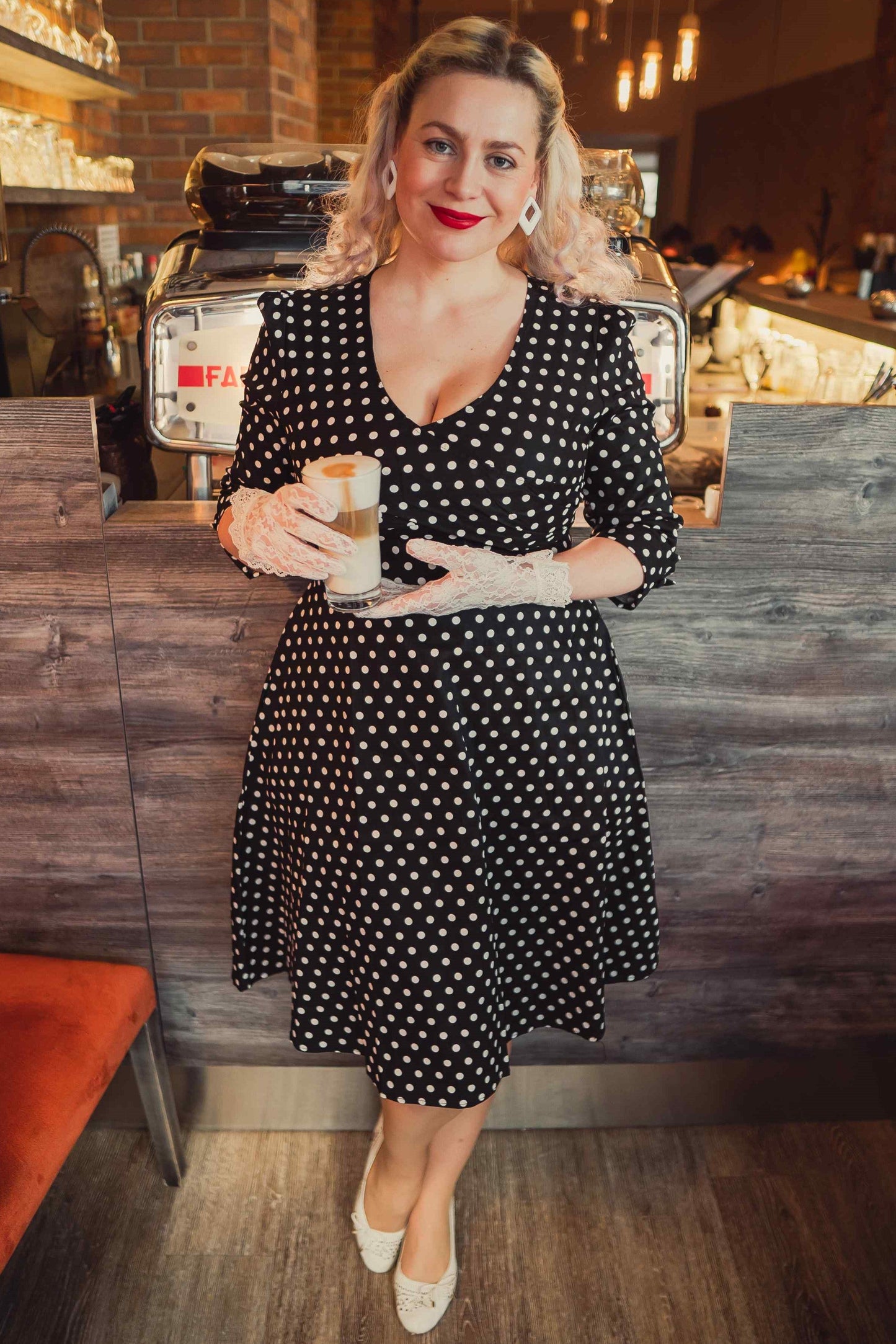 Katherine Long Sleeve 50s Style Swing Dress in Black Polka