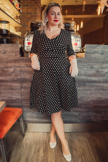 Katherine Long Sleeve 50s Style Swing Dress in Black Polka