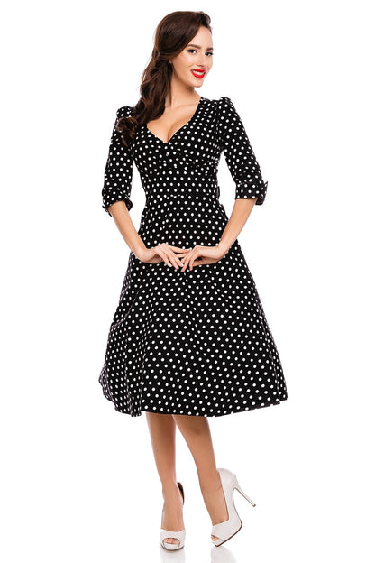 Katherine Long Sleeve 50s Style Swing Dress in Black Polka