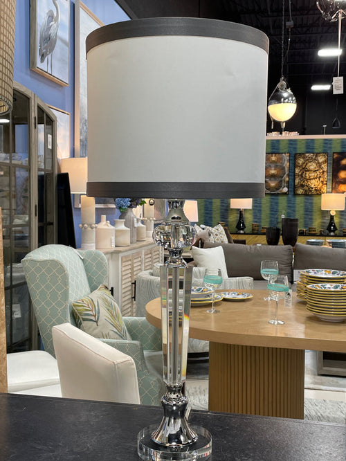 LUCITE TABLE LAMP ROUND GLASS FOOT CHROME HARDWARE