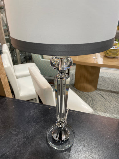 LUCITE TABLE LAMP ROUND GLASS FOOT CHROME HARDWARE
