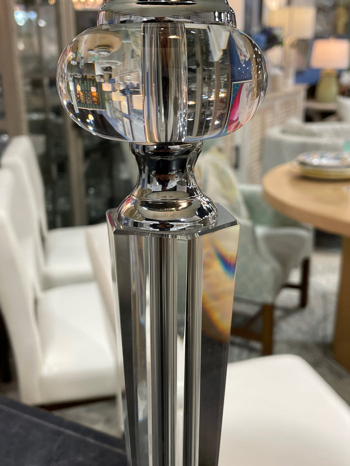 LUCITE TABLE LAMP ROUND GLASS FOOT CHROME HARDWARE