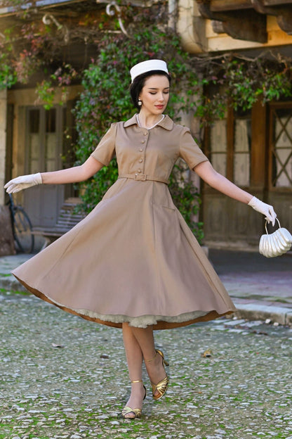 Mabel Khaki Cream Midi Shirt Dress