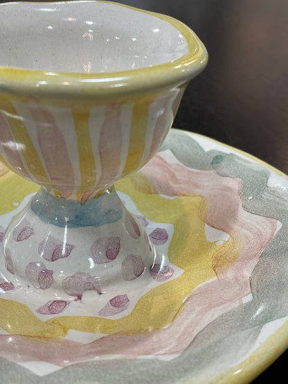MACKENZIE CHILDS CERAMIC FROCK EGG CUP PASTEL HANDPAINTED DESIGN