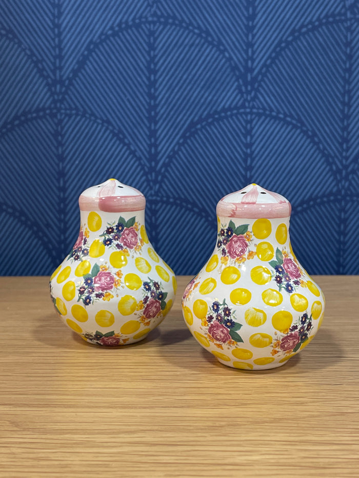 MACKENZIE CHILDS SALT &  PEPPER SHAKERS FLORAL AND POLKA DOT DESIGN