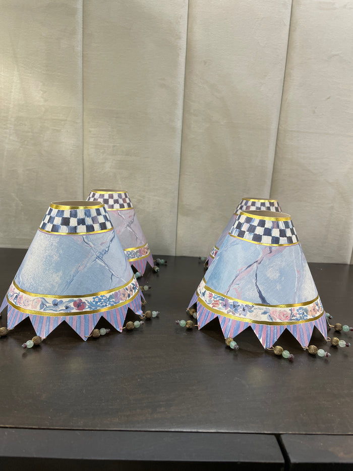 MACKENZIE CHILDS SET OF 4 PAPER LAMP SHADES BEADED FRINGE BOTTOM