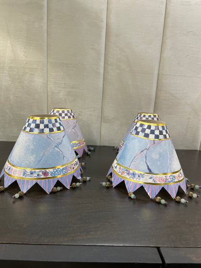 MACKENZIE CHILDS SET OF 4 PAPER LAMP SHADES BEADED FRINGE BOTTOM