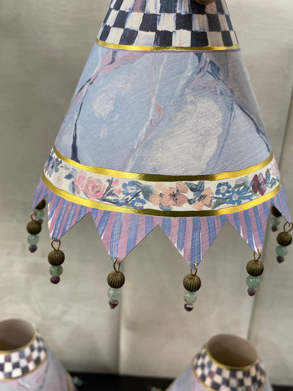 MACKENZIE CHILDS SET OF 4 PAPER LAMP SHADES BEADED FRINGE BOTTOM