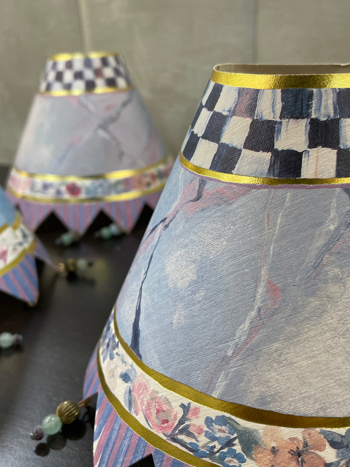 MACKENZIE CHILDS SET OF 4 PAPER LAMP SHADES BEADED FRINGE BOTTOM
