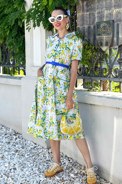 Mabel Mediterranean Lemon Midi Shirt Dress In White