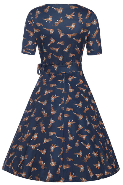 Matilda Navy Blue Tiger Print Wrap Dress