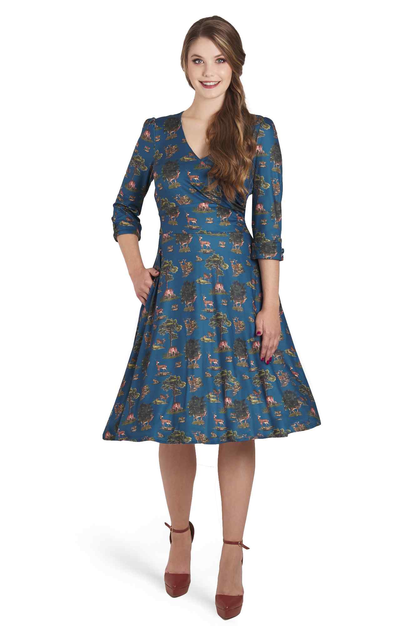 Katherine Navy Deer Forest Long Sleeved Dress