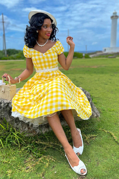 Lily Off Shoulder Yellow Gingham Dress