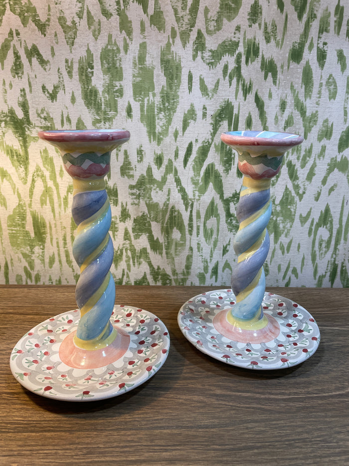 PAIR OF MACKENZIE CHILDS CANDLE STICK HOLDERS SWIRLED PASTEL DESIGN