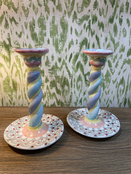 PAIR OF MACKENZIE CHILDS CANDLE STICK HOLDERS SWIRLED PASTEL DESIGN