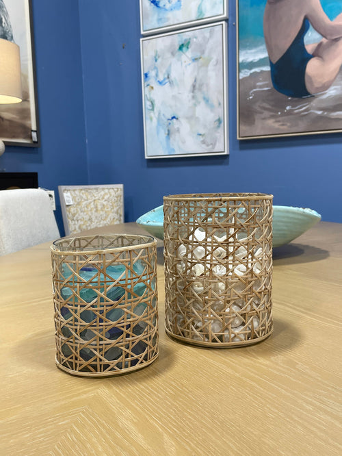 PAIR OF RATTAN CAN WRAPPED HURRICANE GLASSES