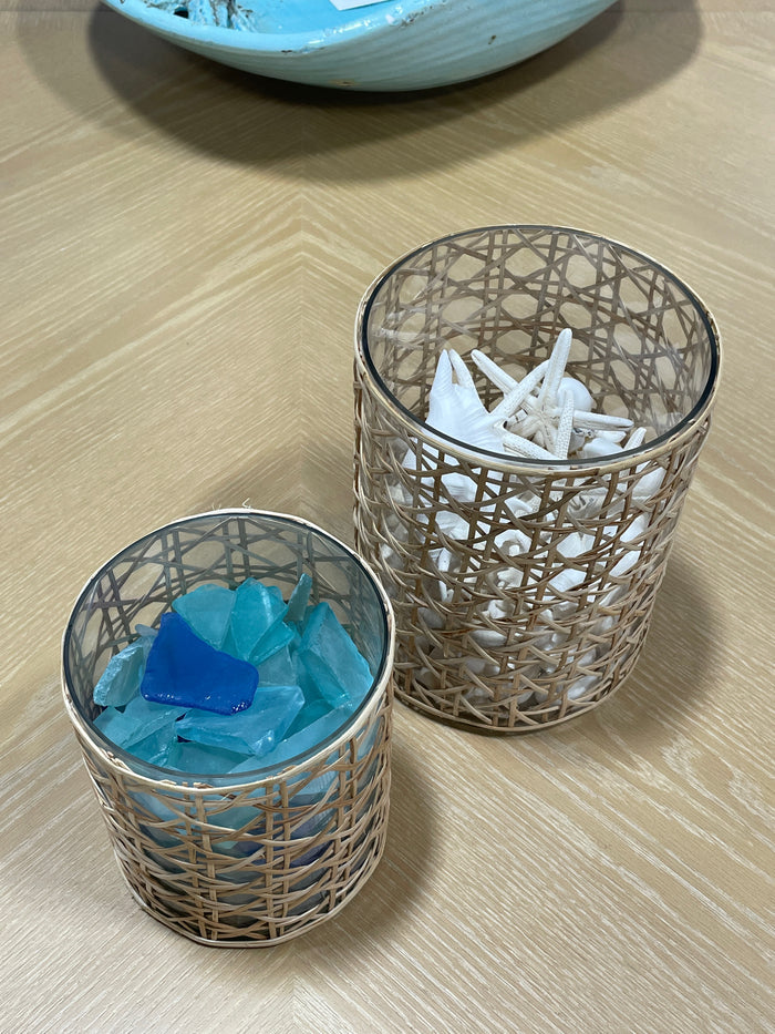 PAIR OF RATTAN CAN WRAPPED HURRICANE GLASSES