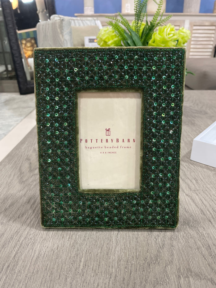 POTTERY BARN PICTURE FRAME GREEN BEADED VELOUR
