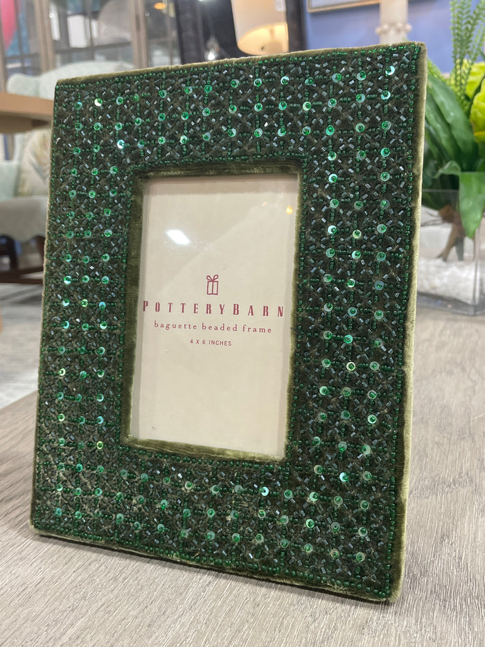 POTTERY BARN PICTURE FRAME GREEN BEADED VELOUR