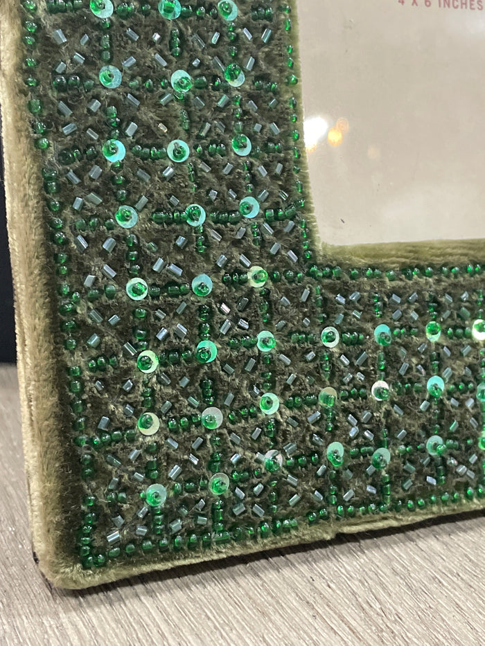 POTTERY BARN PICTURE FRAME GREEN BEADED VELOUR