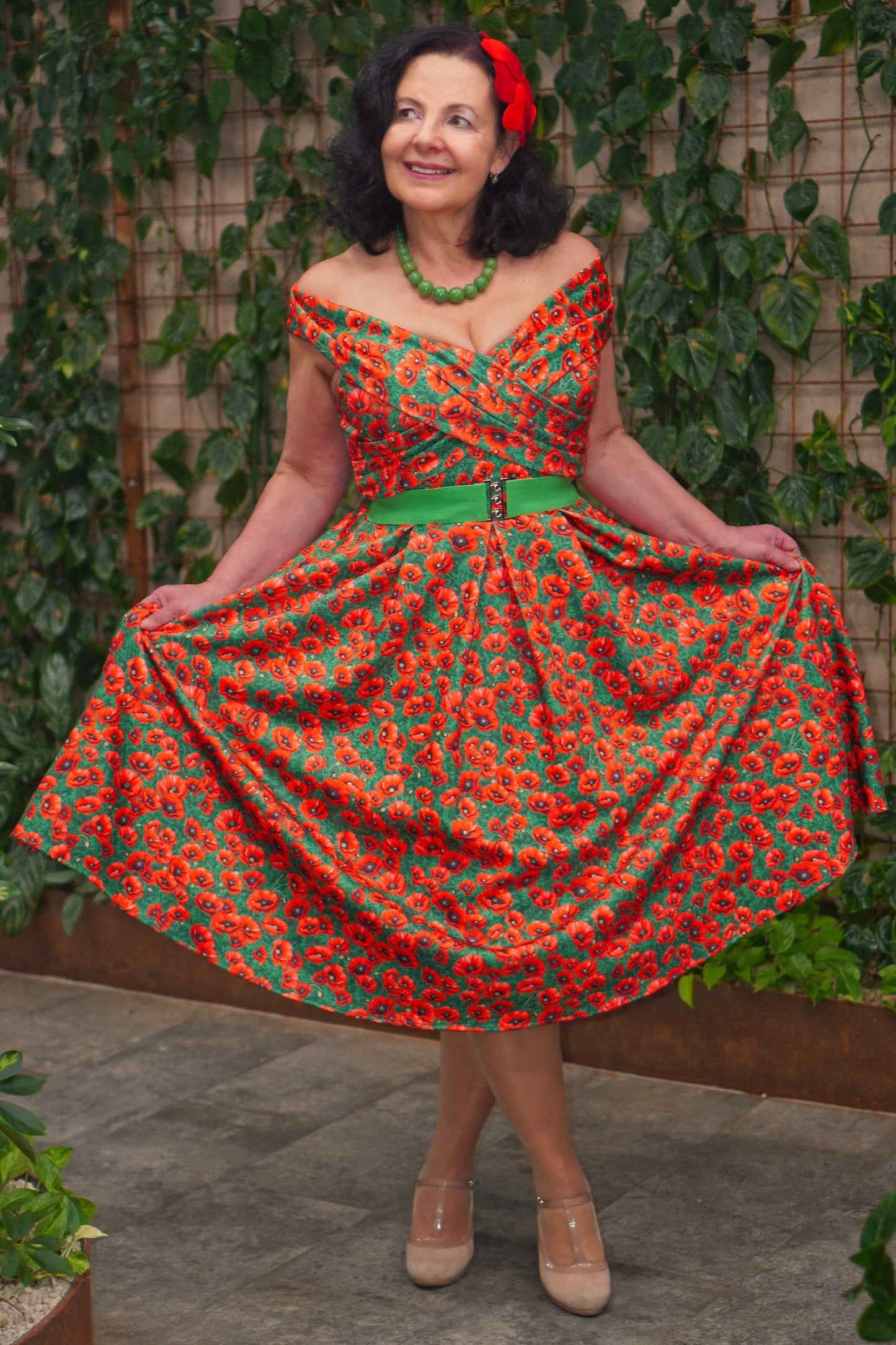 Beverly Red Poppy Garden Off Shoulder Dress