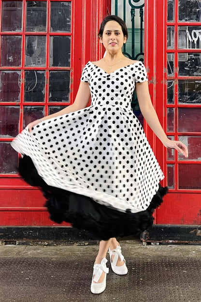 Lily Retro Off Shoulder White Polka Dot Swing Dress