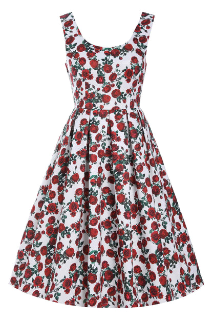 Amanda Retro Red Rose Dress In White