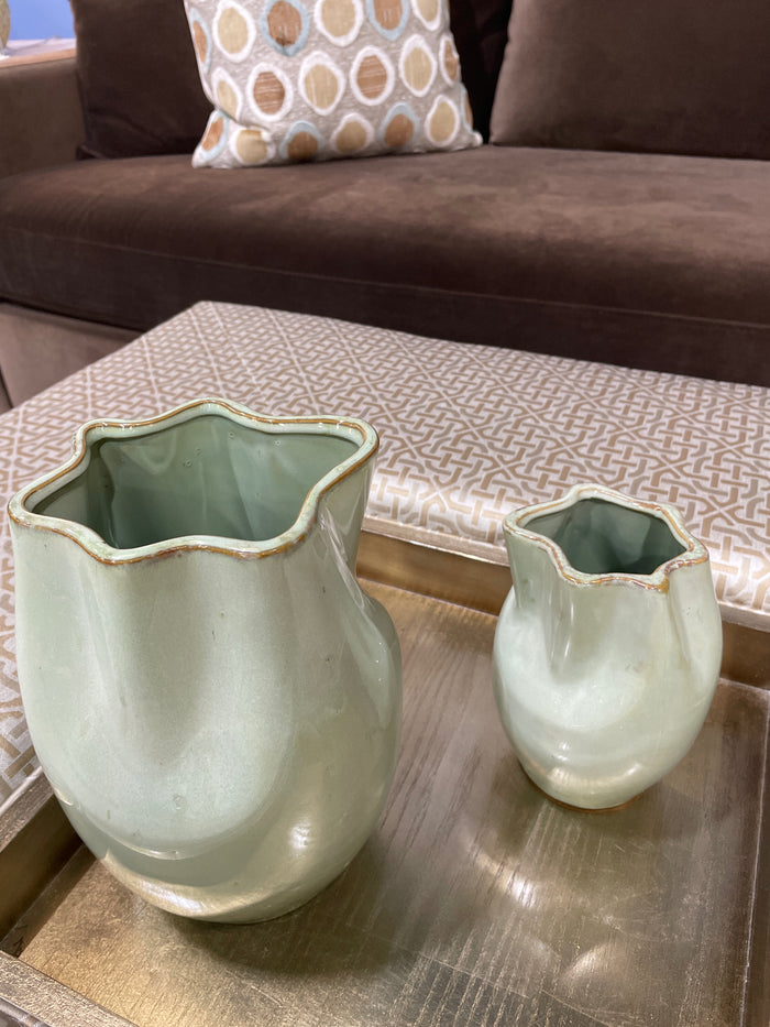 SET OF 2 SAGE GREEN VASES WAVY FLUTED RIM