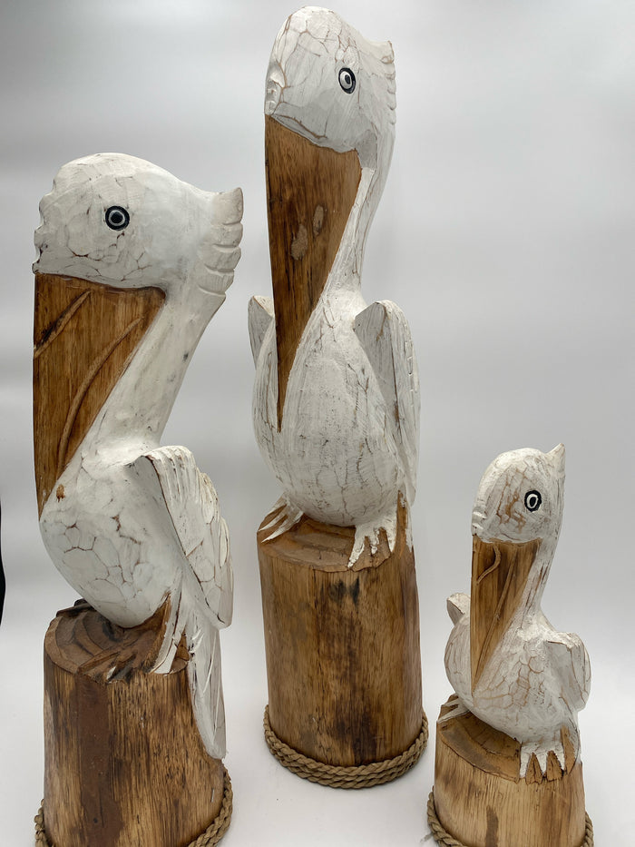 SET OF 3 CARVED WOOD PELICANS