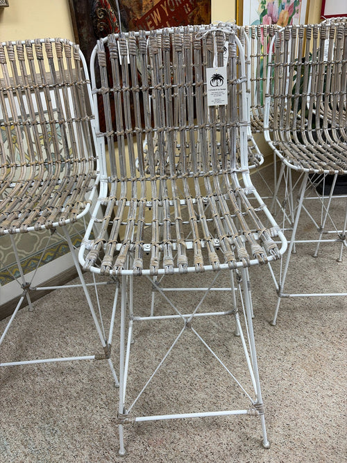 SET OF 3 COUNTER STOOLS WHITE WASHED RATTAN SEAT METAL FRAME