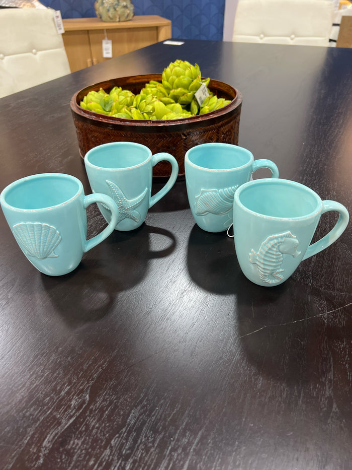 SET OF 4 MUGS CERAMIC BLUE SEASHELL DESIGN