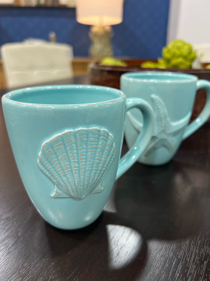 SET OF 4 MUGS CERAMIC BLUE SEASHELL DESIGN