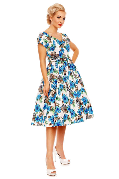 Lily Short Sleeved 50s Pleated Dress in White-Blue Orchid