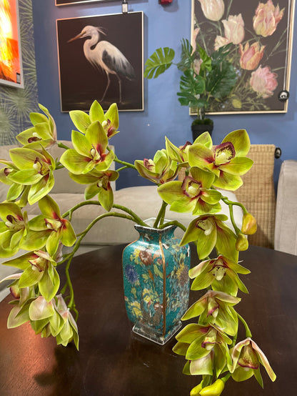 SILK ORCHIDS IN TURQUOISE FLORAL VASE