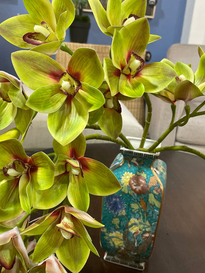 SILK ORCHIDS IN TURQUOISE FLORAL VASE