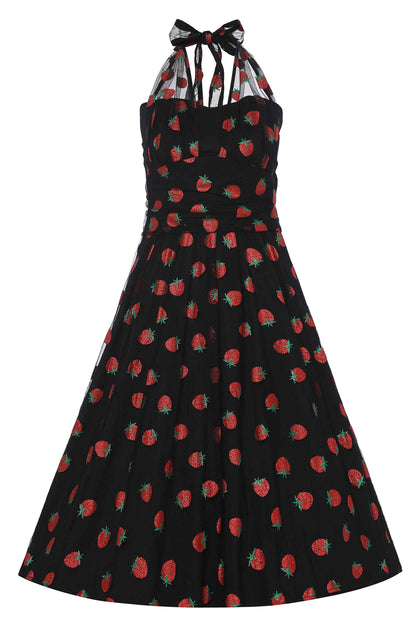 Dorothea Strawberry Black Mesh Halter Dress