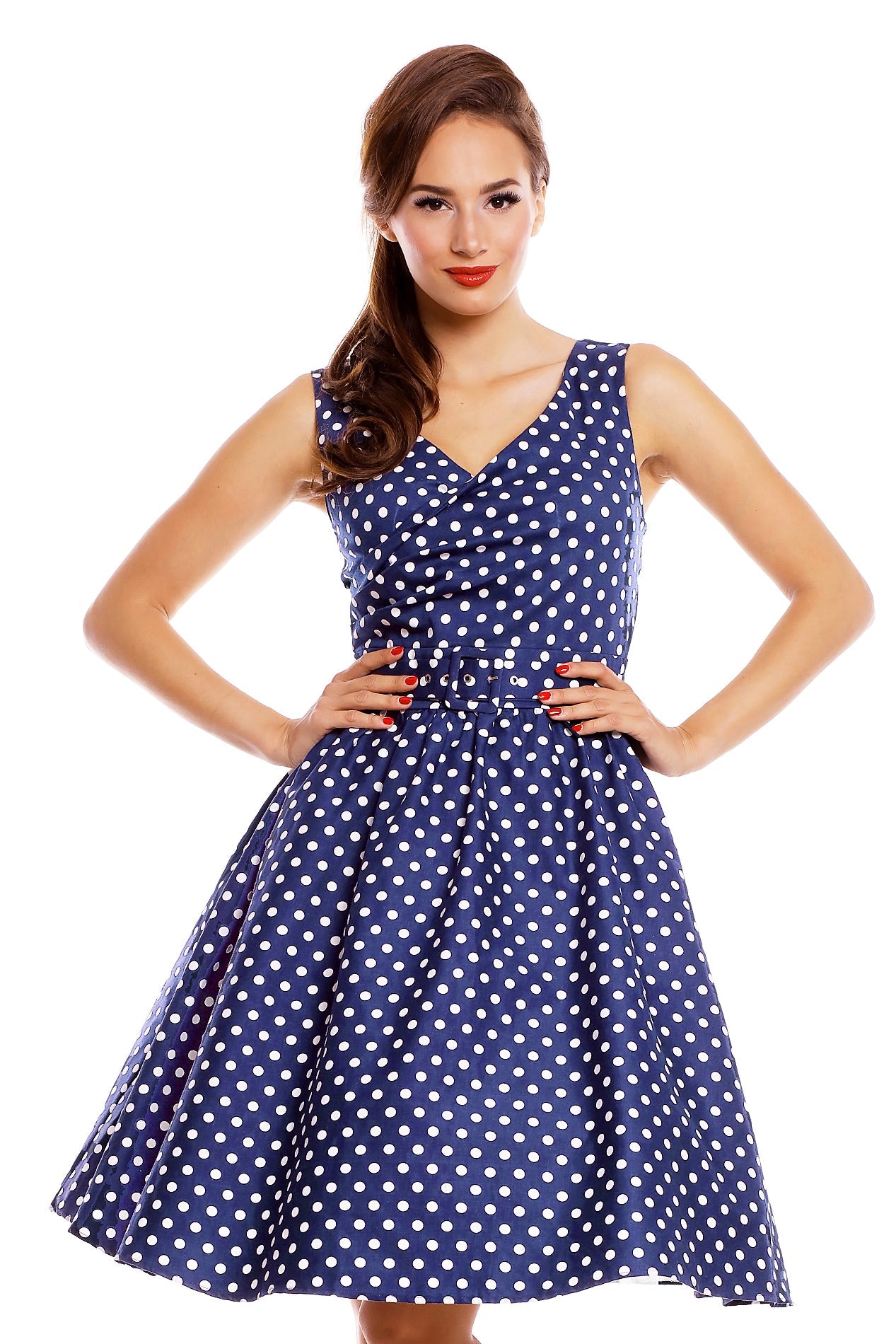 May Stylish Inspired Swing Dress in Dark Blue Polka Dots