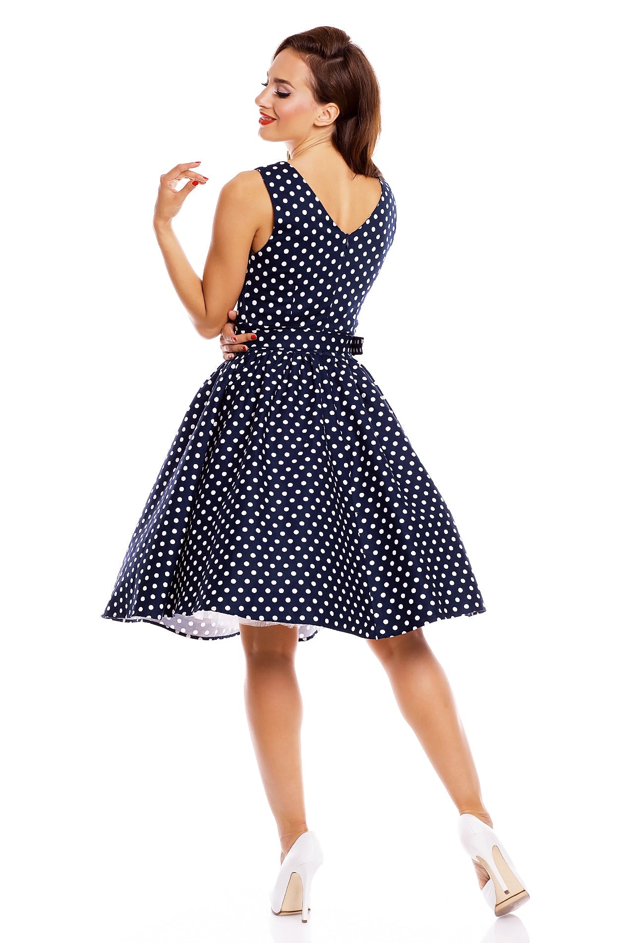 May Stylish V-neck Polka Dot Swing Dress in Navy Blue