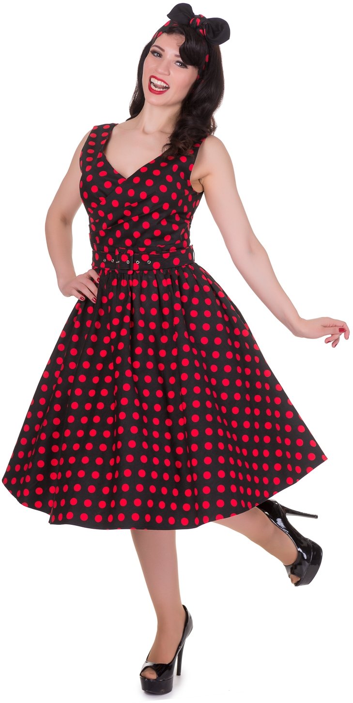 May V-neck 50s Style Spot Dress in Black-Red