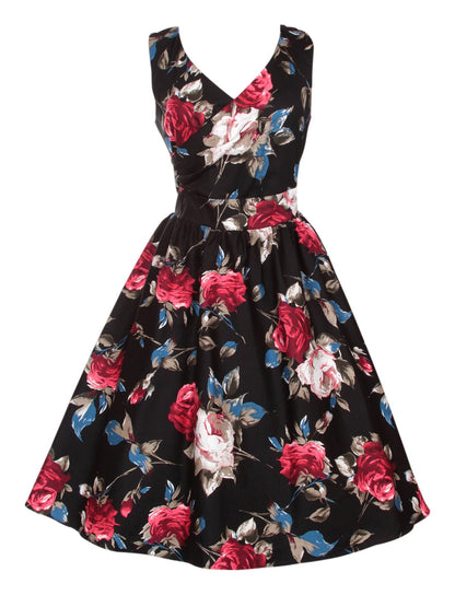 May V-neck 50s Style Swing Dress in Black-Red Floral